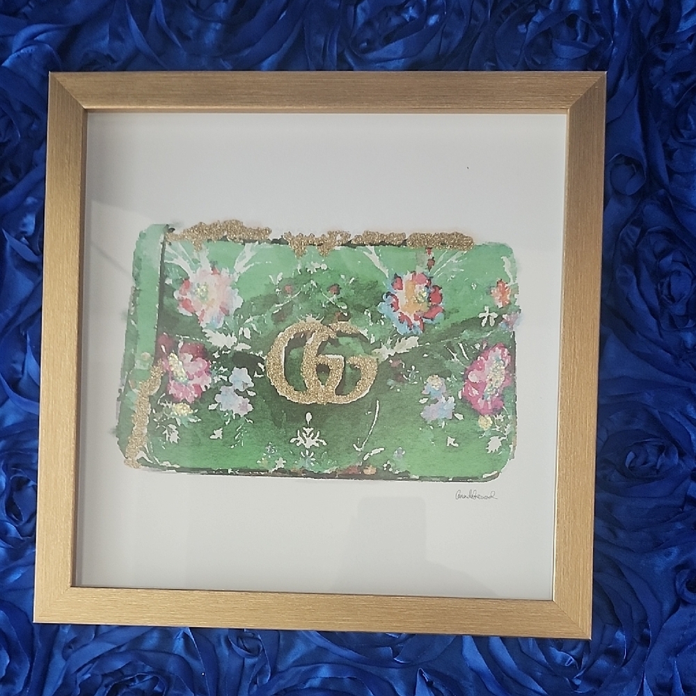 Framed Floral Handbag Art Print with Gold Accents